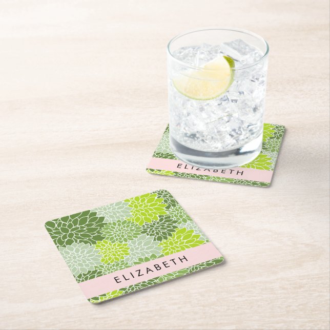 Posavasos Cuadrado De Papel Flores verdes de Dahlia, patrón floral, tu nombre (In situ)