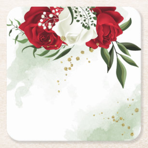 Posavasos Cuadrado De Papel Flores verdes rojas y blancas