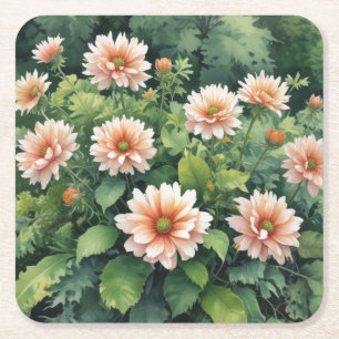 Posavasos Cuadrado De Papel Flores Verdor Acuarela Elegante