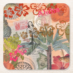 Posavasos Cuadrado De Papel Flores Vintage Hula Colorido Hawaiano Tropical