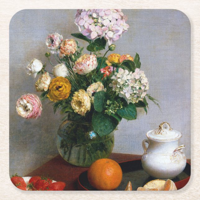 Posavasos Cuadrado De Papel Flores y fruta, Henri Fantin-Latour (Anverso)