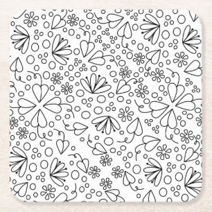 Posavasos Cuadrado De Papel Flores y hojas de garabatos, negros y blancos