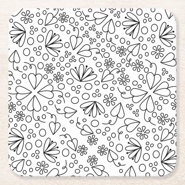 Posavasos Cuadrado De Papel Flores y hojas de garabatos, negros y blancos (Anverso)