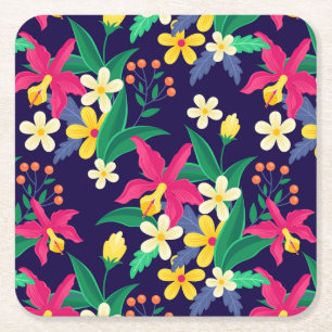 Posavasos Cuadrado De Papel Flores Y Hojas Exóticas Coloridas Patrón-55667