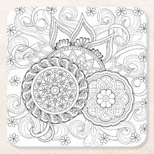 Posavasos Cuadrado De Papel Flores y mandalas del Doodle