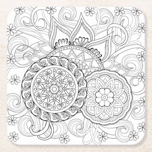 Posavasos Cuadrado De Papel Flores y mandalas del Doodle (Anverso)