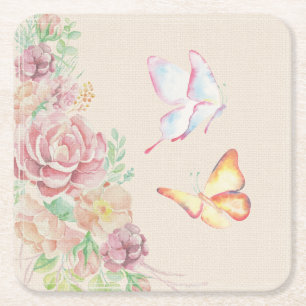 Posavasos Cuadrado De Papel Flores y mariposas hermosas de la acuarela