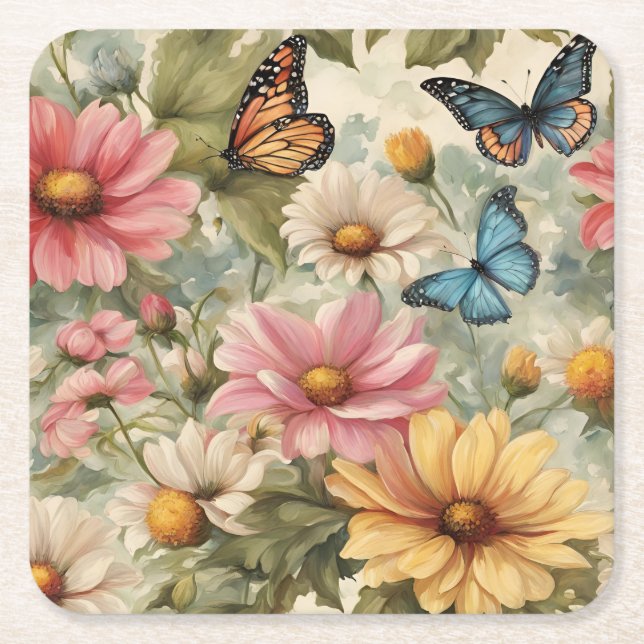 Posavasos Cuadrado De Papel Flores Y Mariposas Obra De Arte (Anverso)