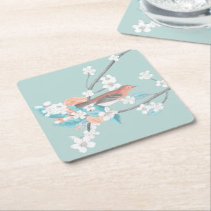 Posavasos Cuadrado De Papel Flores y pájaros
