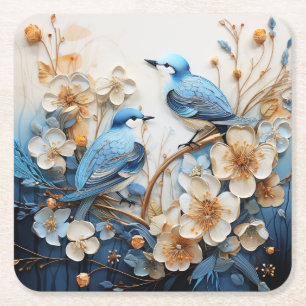 Posavasos Cuadrado De Papel Flores y Pájaros