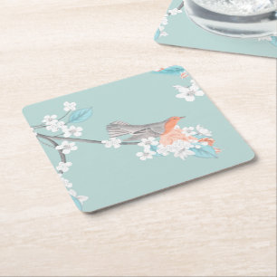 Posavasos Cuadrado De Papel Flores y pájaros