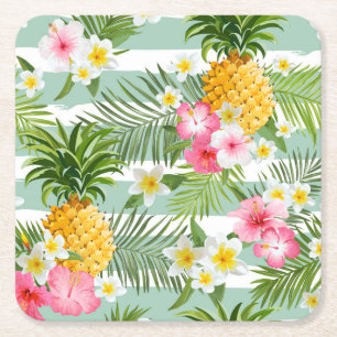 Posavasos Cuadrado De Papel Flores y piña tropicales en las rayas 2 del trull