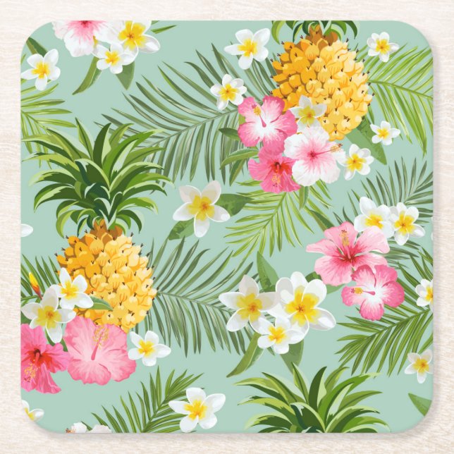 Posavasos Cuadrado De Papel Flores y piñas tropicales (Anverso)
