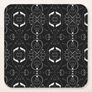 Posavasos Cuadrado De Papel Florituras blancas elegantes en negro