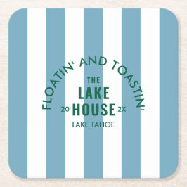 Posavasos Cuadrado De Papel Flotando y brindando en Lake House Blue Stripe