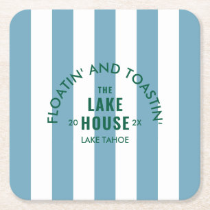 Posavasos Cuadrado De Papel Flotando y brindando en Lake House Blue Stripe