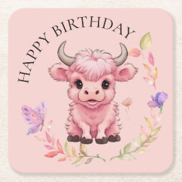 Posavasos Cuadrado De Papel Fluffy Pink Highlands Scottish Cow