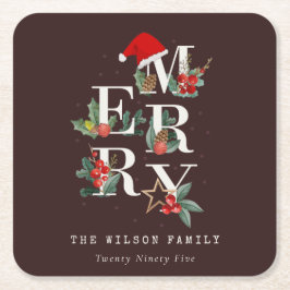 Posavasos Cuadrado De Papel Foliación marrón verde verde blanco merry navideño