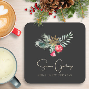 Posavasos Cuadrado De Papel Foliage Fiesta elegante de Navidades rojos de oro