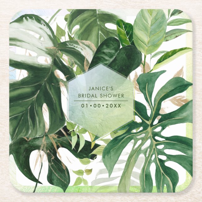 Posavasos Cuadrado De Papel Follaje tropical monstera variado (Anverso)