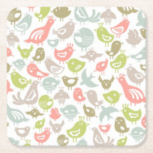 Posavasos Cuadrado De Papel fondo con el ornamento colorido de los pájaros