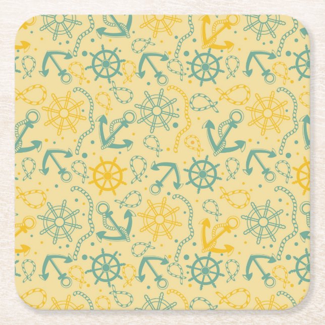 Posavasos Cuadrado De Papel Fondo retro con anclas, cuerdas (Anverso)