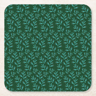 Posavasos Cuadrado De Papel Fondo verde oscuro con hojas botánicas teal