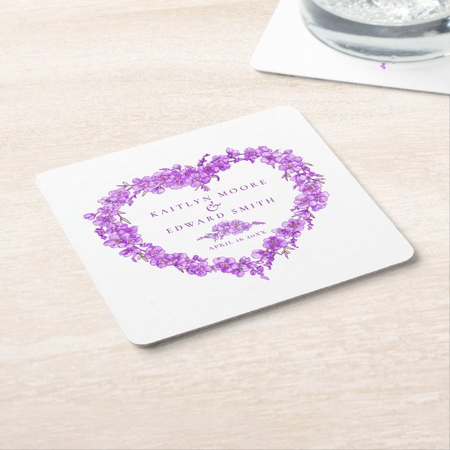Posavasos Cuadrado De Papel Forget-me-not purple flower heart wreath wedding (En perspectiva)
