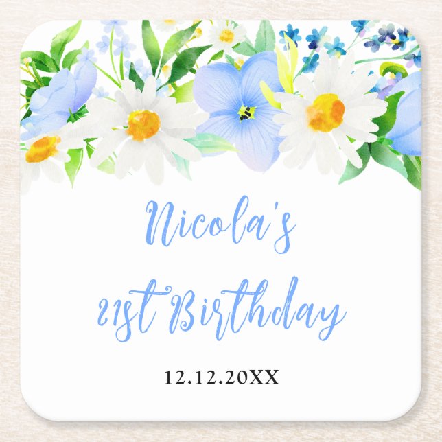 Posavasos Cuadrado De Papel Forget-Me-Nots and Daisies Floral Birthday (Anverso)