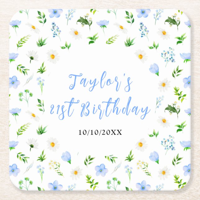 Posavasos Cuadrado De Papel Forget-Me-Nots and Daisies Floral Birthday (Anverso)
