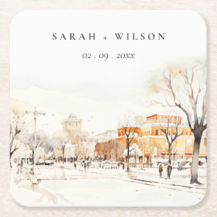Posavasos Cuadrado De Papel Forgo North Dakota City Scape Watercolor Boda