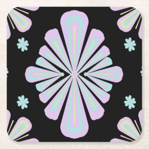 Posavasos Cuadrado De Papel Formas florales pastel sobre fondo negro
