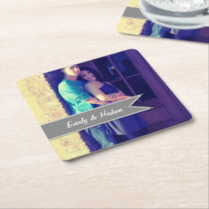Posavasos Cuadrado De Papel Foto Boda personalizada Gray Modern Tag