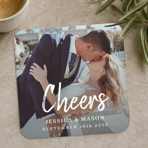Posavasos Cuadrado De Papel Foto de boda de pareja con guión Cheers moderno