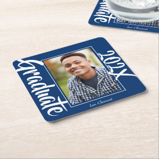 Posavasos Cuadrado De Papel Foto de Graduado Azul Fiesta Personalizada