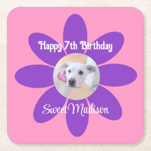 Posavasos Cuadrado De Papel Foto de perro con cachorros en la flor morada y ro