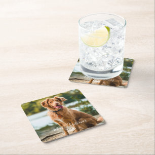 Posavasos Cuadrado De Papel Foto de perro personalizada Feliz Navidad