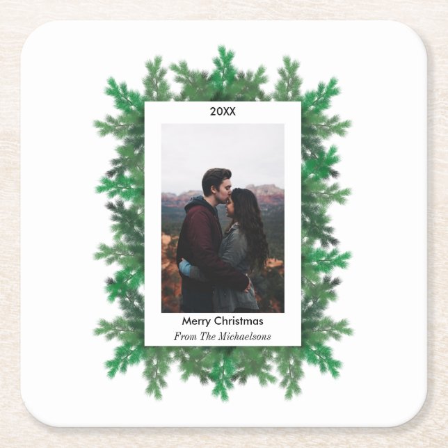 Posavasos Cuadrado De Papel Foto de ramas de árbol de Navidad (Anverso)