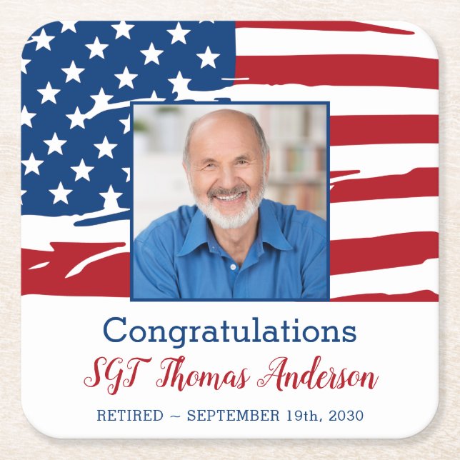 Posavasos Cuadrado De Papel Foto de retiro militar Bandera estadounidense Patr (Anverso)