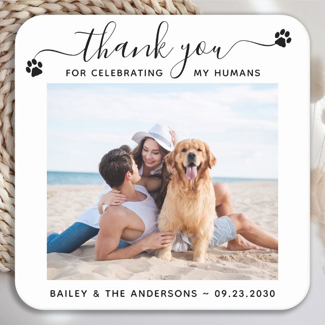 Posavasos Cuadrado De Papel Foto Moderna Elegante Guión Gracias Boda Mascota (Subido por el creador)