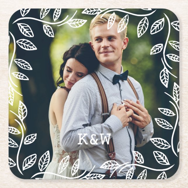 Posavasos Cuadrado De Papel Foto Monogramada de marco de hojas delgadas (Anverso)