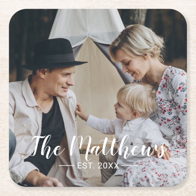 Posavasos Cuadrado De Papel Foto personalizada con apellido y año de estableci (Anverso)