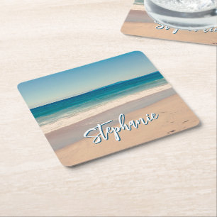 Posavasos Cuadrado De Papel Foto personalizada de playa Océano Azul Escénico