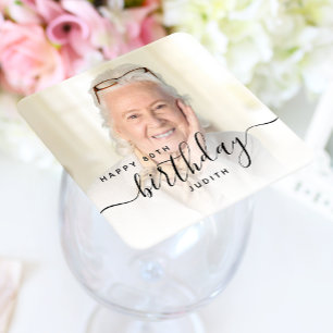 Posavasos Cuadrado De Papel Foto personalizada Guión negro 80 cumpleaños