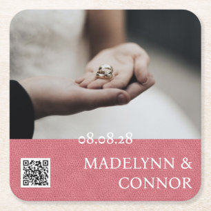 Posavasos Cuadrado De Papel Foto personalizado Código QR Cuero rosa Guardar fe