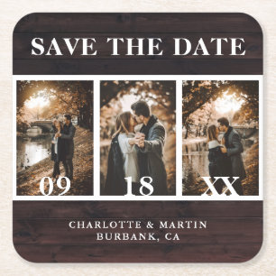 Posavasos Cuadrado De Papel Foto Rustic Wood Boda Save the Date