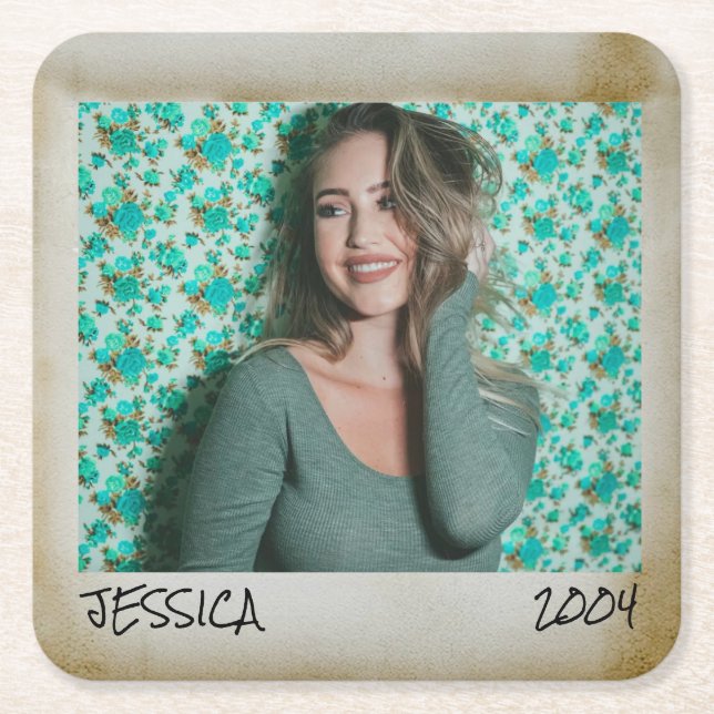 Posavasos Cuadrado De Papel Foto y texto personalizado, marco fotográfico vint (Anverso)