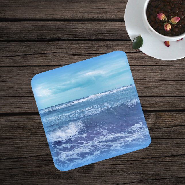 Posavasos Cuadrado De Papel Fotografía de cielo de las nubes del océano Atlánt (Real photo of blue Atlantic Ocean with waves and white caps on paper drink coaster.)