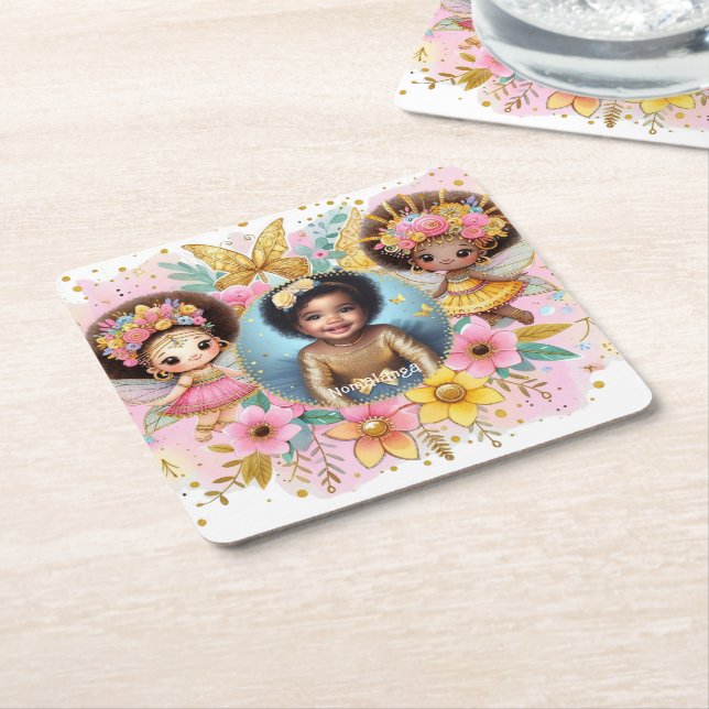 Posavasos Cuadrado De Papel Fotos Cumpleaños Pequeño Hada Negra Rosa Africano (En perspectiva)