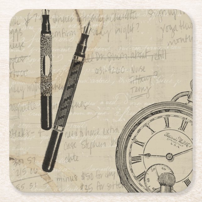 Posavasos Cuadrado De Papel Fountain Pens and Watchface con notas (Anverso)